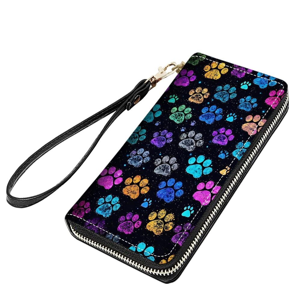 9147 Colorful Dog Paw Prints Print Large Capacity PU Leather Zip Around
